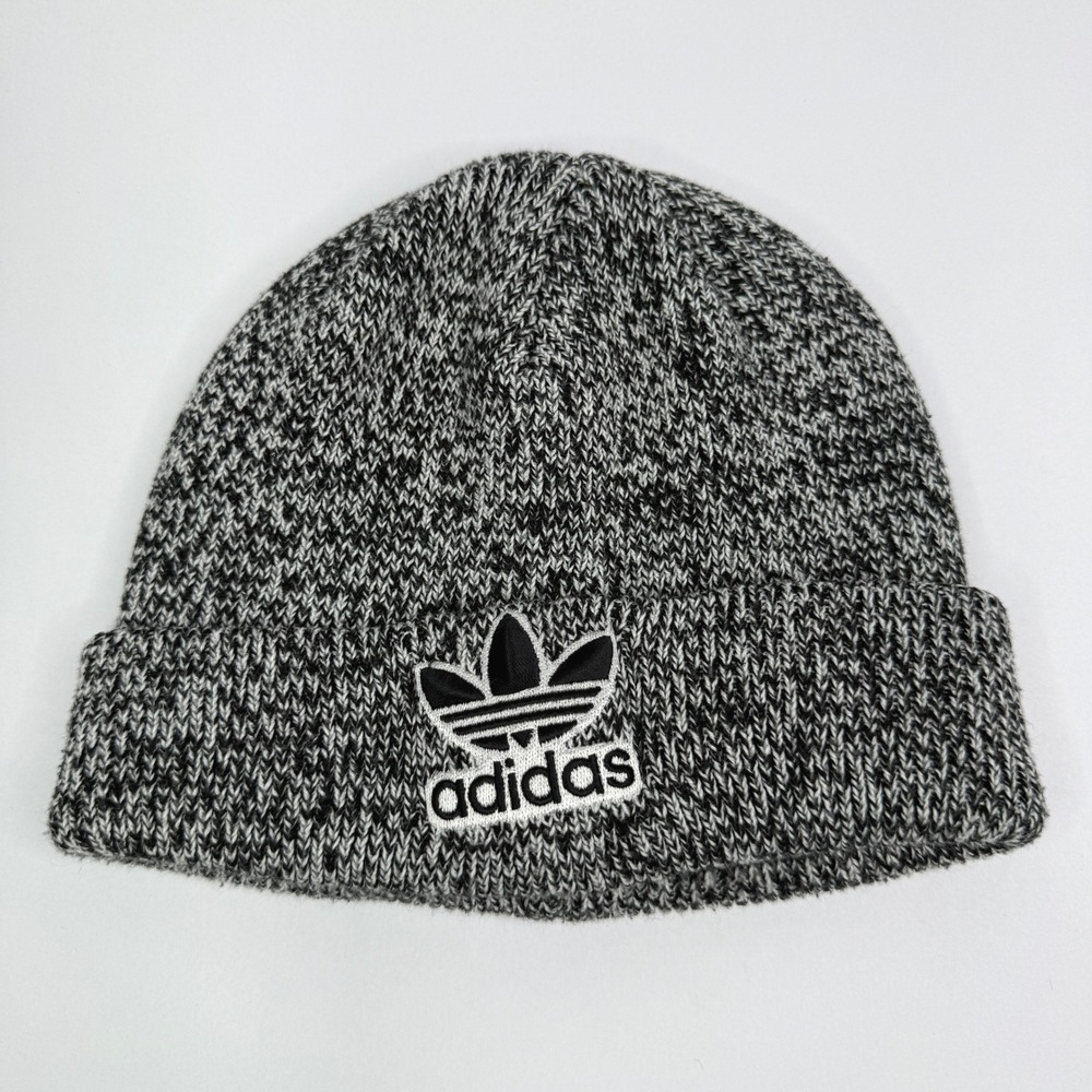 Adidas Beanie Mens One Size Black White Marled Knit Trefoil Logo Cuffed Hat
